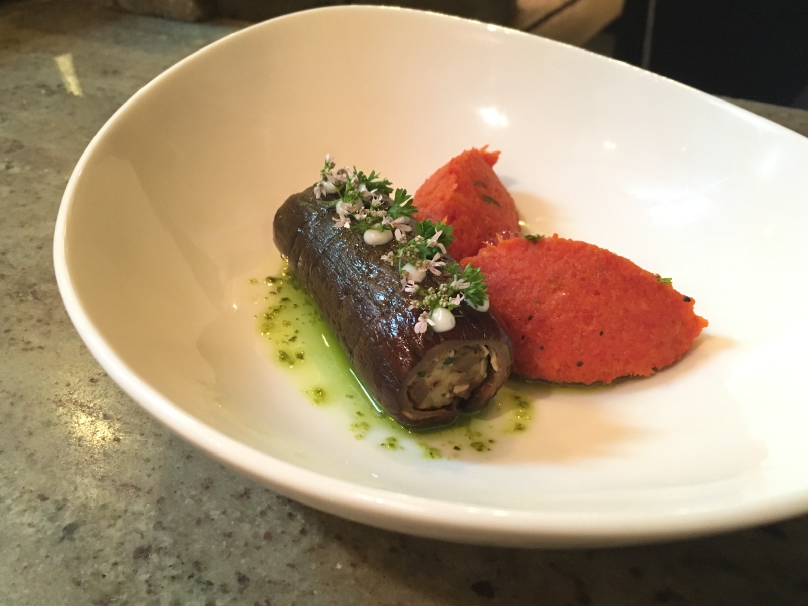Eggplant Roulade Carrot & Jalapeno Quenelles